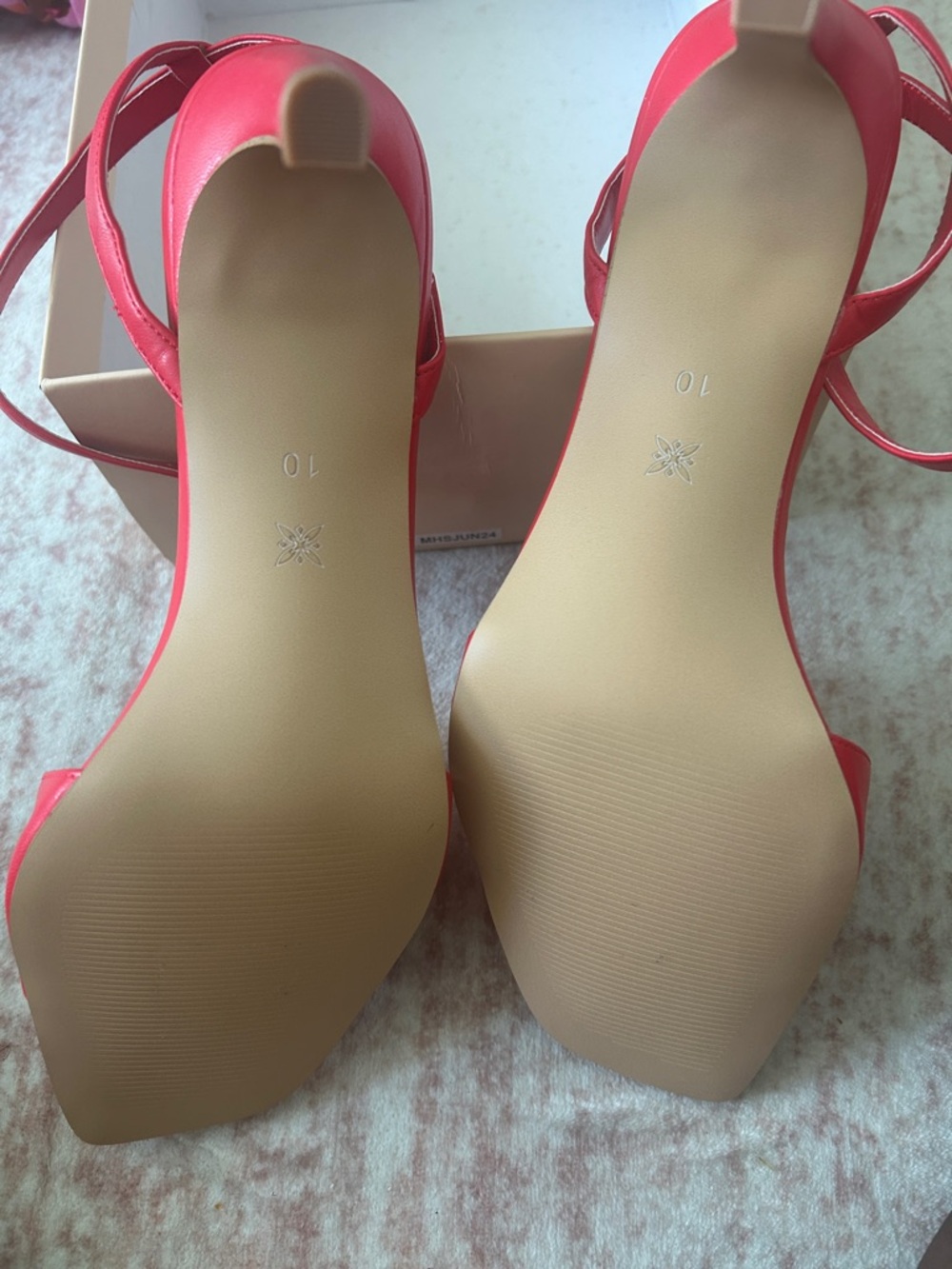 BCBGeneration Red Ankle-Strap Heels with Pink Floral Rosettes - Picture 2 of 5